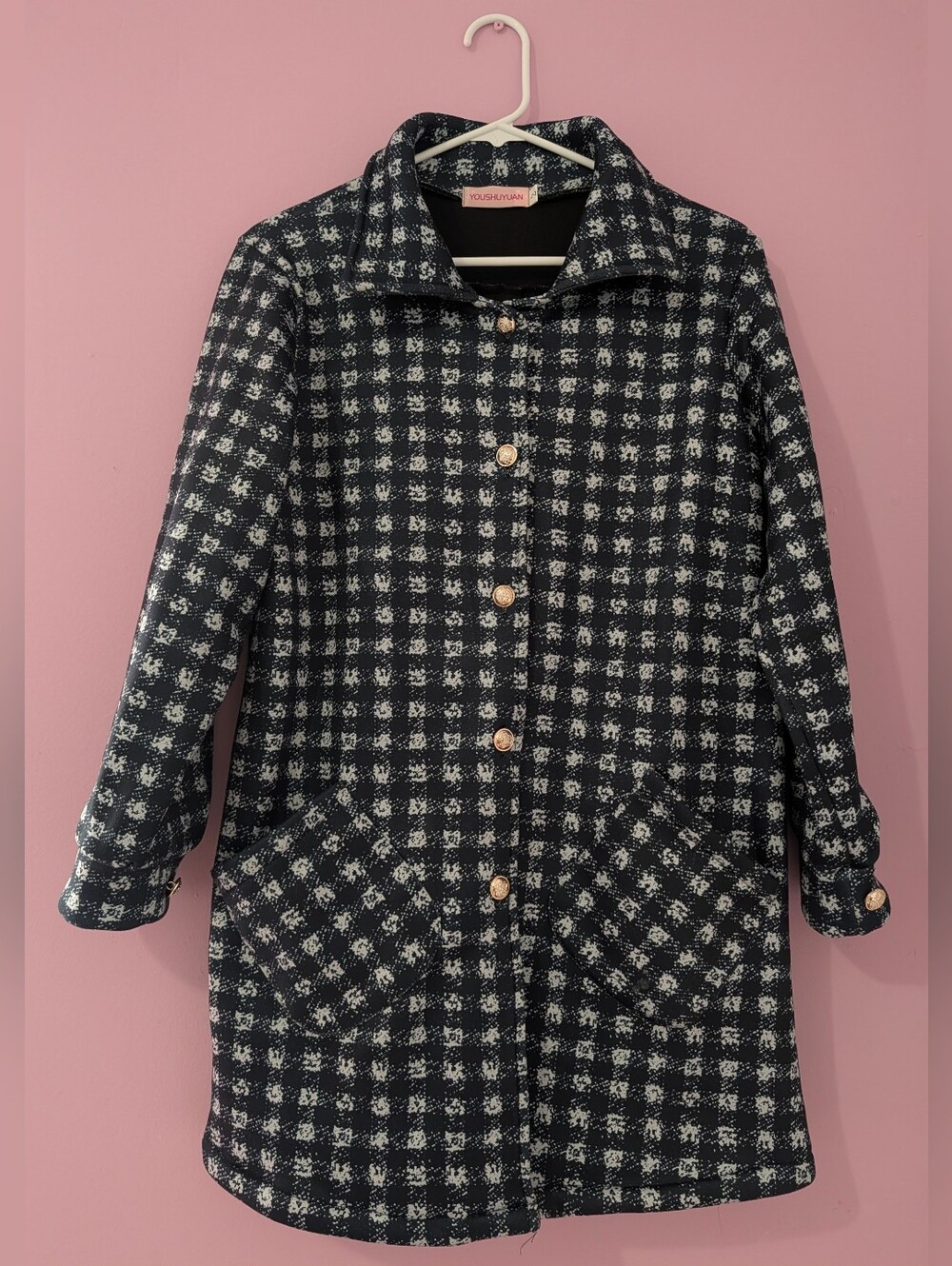 Women’s Plaid Long Coat Navy & White Gold Buttons - Youshuyuan Size L (Pre-owned